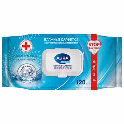 Салфетки влажные 120 шт., AURA Family, антибактериальные, для всей семьи, крышка клапан, 92342, 14622