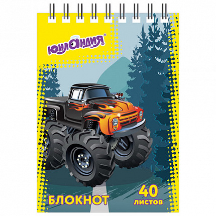 Блокнот МАЛЫЙ ФОРМАТ А7 75х105 мм, 40 л., гребень, картон, клетка, ЮНЛАНДИЯ, "МОНСТР-ТРАК"/"ФУТБОЛ", 129859