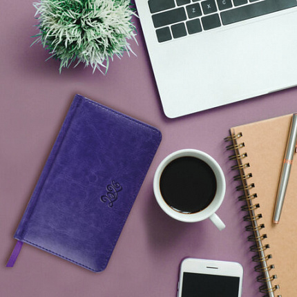 Еженедельник датированный 2026, МАЛЫЙ ФОРМАТ 95х155 мм, А6, BRAUBERG "Rainbow", под кожу, сиреневый, 117191