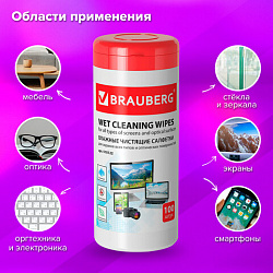 Салфетки для экранов всех типов и оптики BRAUBERG, туба 100 шт., влажные, 510122