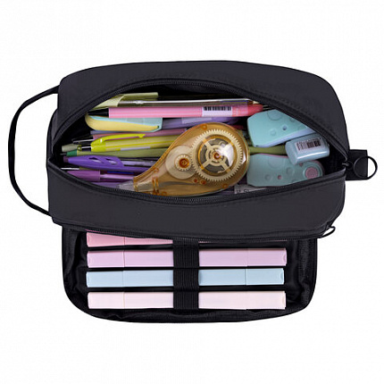 Пенал-органайзер HEIKKI (ХЕЙКИ) с ручкой, значки, 2 отделения, откидная планка, 22x13х10 см, черный, 273599