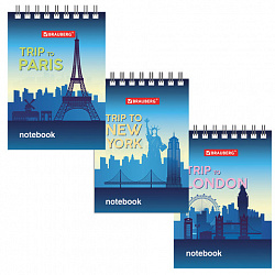 Блокнот МАЛЫЙ ФОРМАТ А7 75х105 мм, 40 л., гребень, картон, клетка, BRAUBERG, "Города", 129856