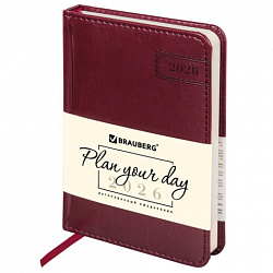 Ежедневник датированный 2026, МАЛЫЙ ФОРМАТ 100х150 мм, А6, BRAUBERG "Imperial", под кожу, бордо, 117254