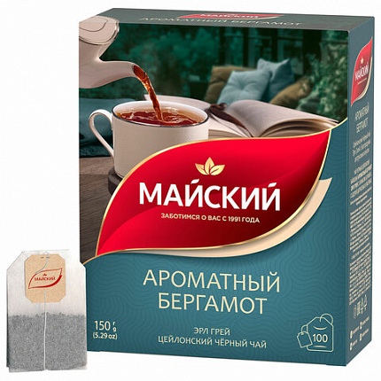 Чай МАЙСКИЙ "Ароматный бергамот" черный цейлонский байховый, 100 пакетиков по 1,5 г, 102627