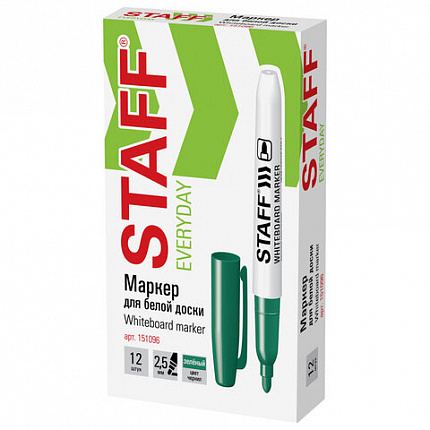 Маркер стираемый для белой доски, STAFF "EVERYDAY" WBM-093, ЗЕЛЕНЫЙ, 2,5 мм, тонкий корпус, 151096