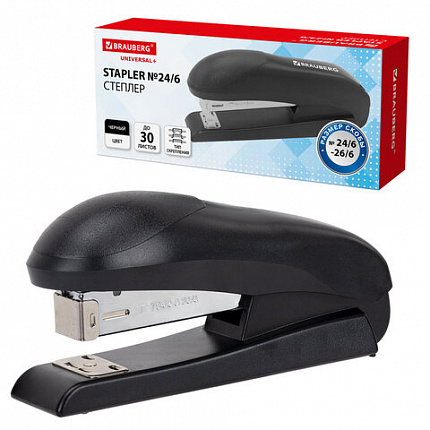 Степлер №24/6, №26/6 BRAUBERG "UNIVERSAL+", до 30 листов, полнозагрузочный,на 150 скоб, черный, 272719