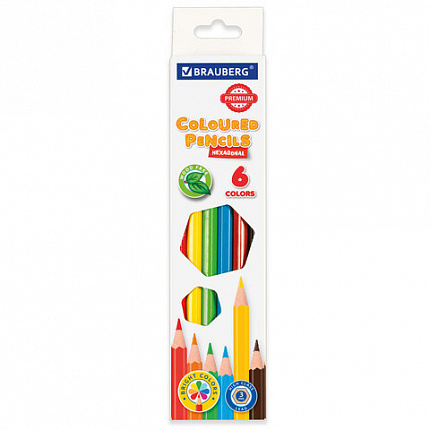 Карандаши цветные BRAUBERG PREMIUM, 6 цветов, пластиковые, шестигранные, грифель мягкий 3 мм, 181665
