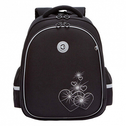 Ранец GRIZZLY анатомическая спинка, c брелоком, для девочек, "HEARTS", чёрный 36х28х20 см, RAz-586-5/1