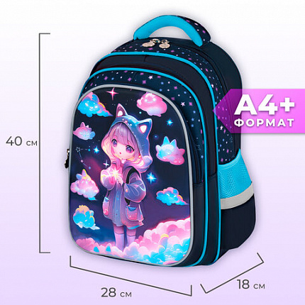 Рюкзак BRAUBERG KIDS FLOSSY, 2 отделения, 3 кармана, "Sky girl", 3D-панель, 40х28х18 см, 273179