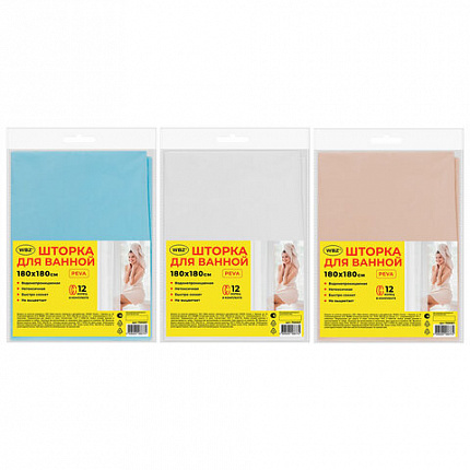 Шторка для ванной PEVA, 180х180 см, кольца в комплекте, цвет ассорти (белый, голубой, коричневый), WBZ (ВБЗ), 700067
