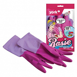 Перчатки МНОГОРАЗОВЫЕ резиновые YORK "Роза", хлопчатобумажное напыление, ПРОЧНЫЕ, размер 8-9, L (большой), розовые, вес 75 г, 92680