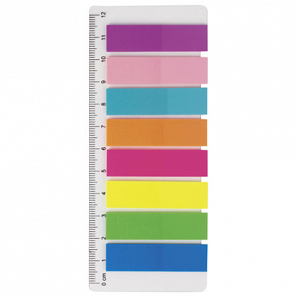 Закладки клейкие неоновые BRAUBERG, 45х12 мм, 200 штук (8 цветов х 25 листов), на пластиковой линейке 12 см, 126700