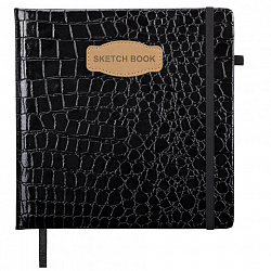 Скетчбук, слоновая кость 140 г/м2, 200х200 мм, 80 л., КОЖЗАМ, резинка, BRAUBERG ART CLASSIC, CROCO, черный, 116472