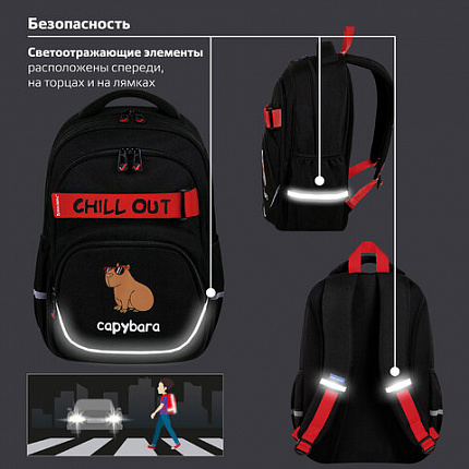 Рюкзак BRAUBERG MOTION, 2 отделения, 3 кармана, "Капибара", СВЕТЯЩИЙСЯ, 41х28х17 см, 272032