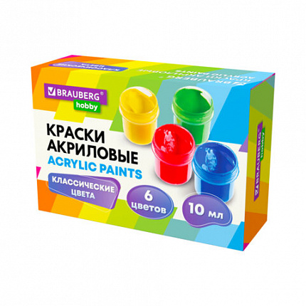 Краски акриловые для рисования и творчества 6 цветов по 10 мл BRAUBERG HOBBY, 192432