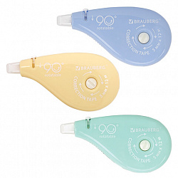 Корректирующая лента BRAUBERG PASTEL 5 мм х 12 м, вращающийся наконечник 90°, ВЫГОДНАЯ УПАКОВКА 3 штуки в блистере,механизм перемотки,272489