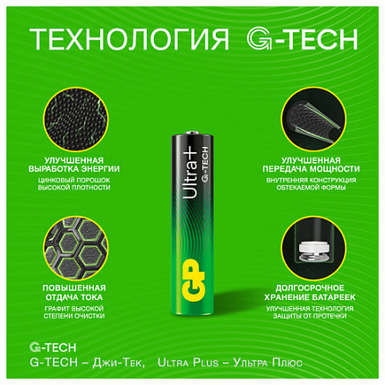 Батарейки КОМПЛЕКТ 4 шт., GP Ultra Plus G-Tech, AAA (LR03), алкалиновые, мизинчиковые, 24AUPA21-2CRSB4