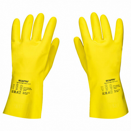 Перчатки латексные SCAFFA "Луч", КЩС-2, хлопчатобумажное напыление, размер 8, M (средний), желтые, 00-01017717