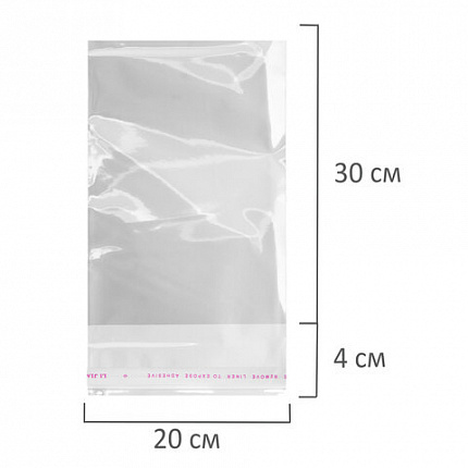 Пакеты БОПП с клеевым клапаном, КОМПЛЕКТ 100 штук, 20х30 + 4 см, 30 мкм, с усиленным швом, BRAUBERG, 700408
