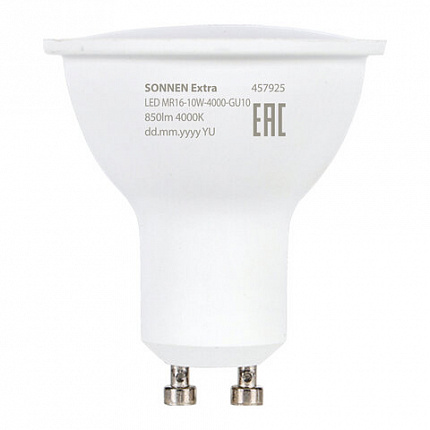 Лампа светодиодная SONNEN EXTRA, 10 (90) Вт, GU10, софит, нейтральный белый, 30000 ч, LED MR16-GU10-10W-4000, 457925