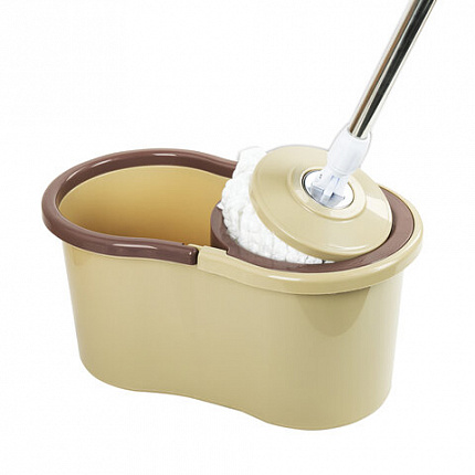 Швабра с отжимом и ведром 7л/5л, отжим центрифуга / рукоятка, 2 круглые насадки, крепление кольцо, бежевый, LAIMA, 607488