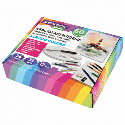 Краски акриловые художественные 36 шт. по 12 мл, холсты 3 шт., кисти 6 шт., аксессуары, 50 предметов, BRAUBERG HOBBY, 192545