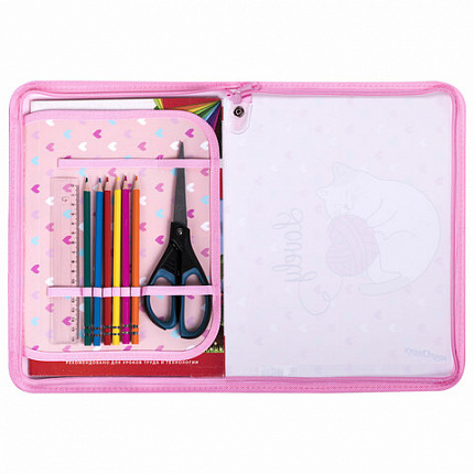 Папка для труда на молнии ЮНЛАНДИЯ А4, 1 отделение, откидная планка, органайзер, "Fluffy cat", 270982