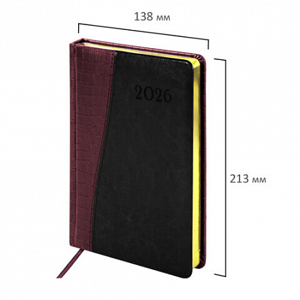 Ежедневник датированный 2026, А5, 138x213 мм, BRAUBERG "Cayman", под кожу, бордовый/черный, 117046