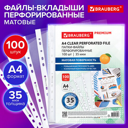 Папки-файлы перфорированные А4 BRAUBERG "PREMIUM", КОМПЛЕКТ 100 шт., матовые, 35 мкм, 273005