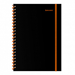Тетрадь обложка пластик, А4 80 л., спираль пластик, резинка, клетка, BRAUBERG, черный/оранжевый, 405382