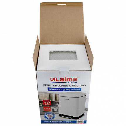 Ведро мусорное с педалью 12 л, крышка с доводчиком, белое матовое, металл, LAIMA ULTRA, 701566