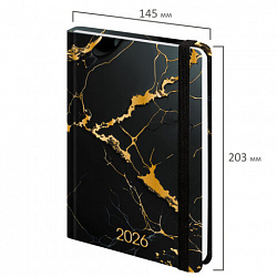 Ежедневник датированный 2026 с резинкой 145х203 мм, А5, BRAUBERG, твердый, фольга, "Черный мрамор", 117338