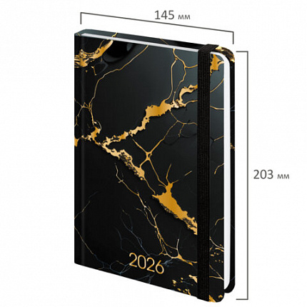Ежедневник датированный 2026 с резинкой 145х203 мм, А5, BRAUBERG, твердый, фольга, "Черный мрамор", 117338
