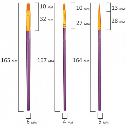 Кисти набор 10 шт., синтетика, фиолетовые, № 2/0-8 (Круглые; Овальные; Плоские; Лайнеры), WBZ, 201086
