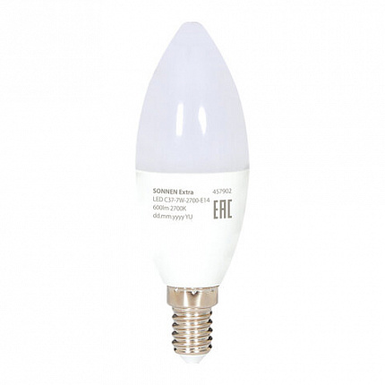 Лампа светодиодная SONNEN EXTRA, 7 (60) Вт, Е14, свеча, теплый белый, 30000 ч, LED C37-7W-2700-Е14, 457902