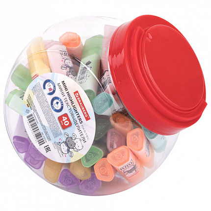 Текстовыделитель мини с принтами BRAUBERG "PASTEL", АССОРТИ В ПЛАСТИКОВОЙ БАНКЕ, 1-5 мм, 152536