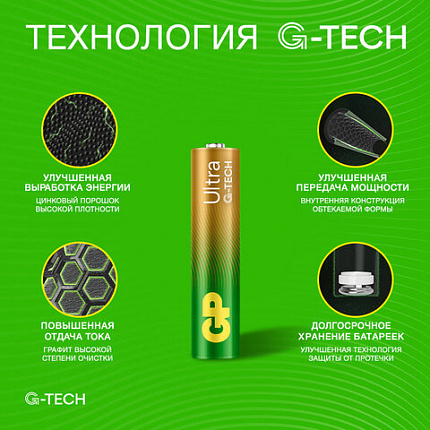 Батарейки КОМПЛЕКТ 2 шт., GP Ultra G-Tech, AAA (LR03, 24А), алкалиновые, мизинчиковые, 24AUA21-2CRSBC2