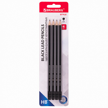 Набор карандашей чернографитных BRAUBERG "Style" 4 шт., HB, с ластиком, корпус черно-серый, 181718
