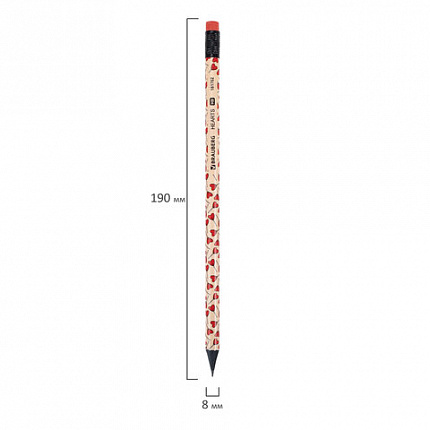 Карандаш чернографитный BRAUBERG "HEARTS", 1 шт., HB, с ластиком, корпус ассорти, 181762