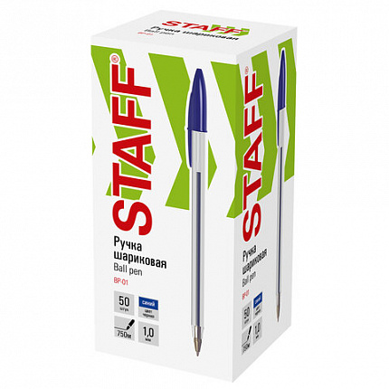 Ручка шариковая STAFF "Basic BP-01", письмо 750 метров, СИНЯЯ, длина корпуса 14 см, линия письма 0,5 мм, 141672