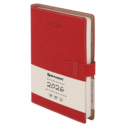 Ежедневник датированный 2026, А5, 143х218 мм, BRAUBERG "Journal", под кожу, застежка, держатель для ручки, органайзер, красный, 117380