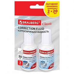 Корректирующая жидкость, 20 мл, ВЫГОДНАЯ УПАКОВКА, КОМПЛЕКТ 2 штуки в пакете, BRAUBERG "Classic", 271919