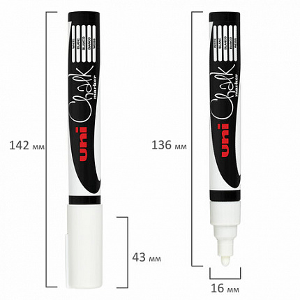 Маркер меловой UNI "Chalk", 1,8-2,5 мм, БЕЛЫЙ, влагостираемый, для гладких поверхностей, PWE-5M WHITE