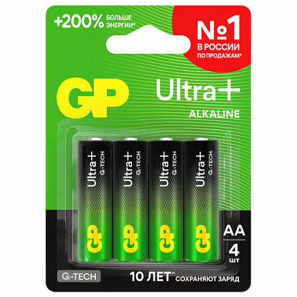 Батарейки КОМПЛЕКТ 4 шт., GP Ultra Plus G-Tech, AA (LR6), алкалиновые, пальчиковые, 15AUPA21-2CRSB4