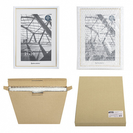 Рамка 21х30 см небьющаяся, багет 14,6 мм, пластик, BRAUBERG "Original Line", белая/золото, 391236