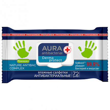 Салфетки влажные 72 шт., AURA, антибактериальные, крышка клапан, 10037
