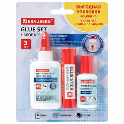 Набор клея BRAUBERG (клей-карандаш PVP 10 г, клей ПВА 45 г, клей ПВА 20 г с кисточкой), блистер, 271978