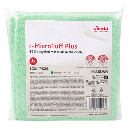 Салфетки VILEDA PROFESSIONAL "МикроТафф Плюс" КОМПЛЕКТ 5 шт., микрофибра, зеленый, 38х38 см, 174203