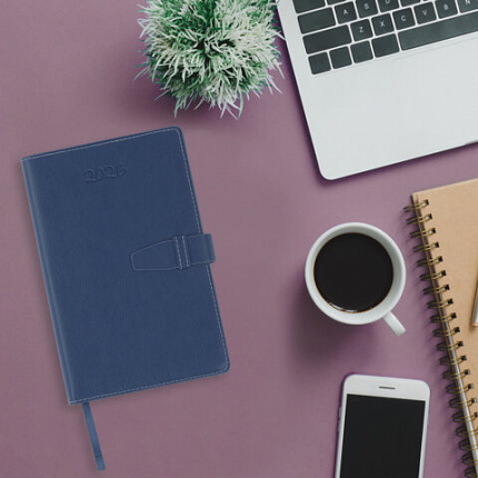 Ежедневник датированный 2025, А5, 143х218 мм, BRAUBERG "Journal", под кожу, застежка, держатель для ручки, органайзер, синий, 117379