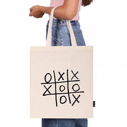 Сумка-шоппер BRAUBERG PREMIUM, канвас, 40х35 см, на кнопке, карман, бежевый, "Tic-tac-toe", 271902